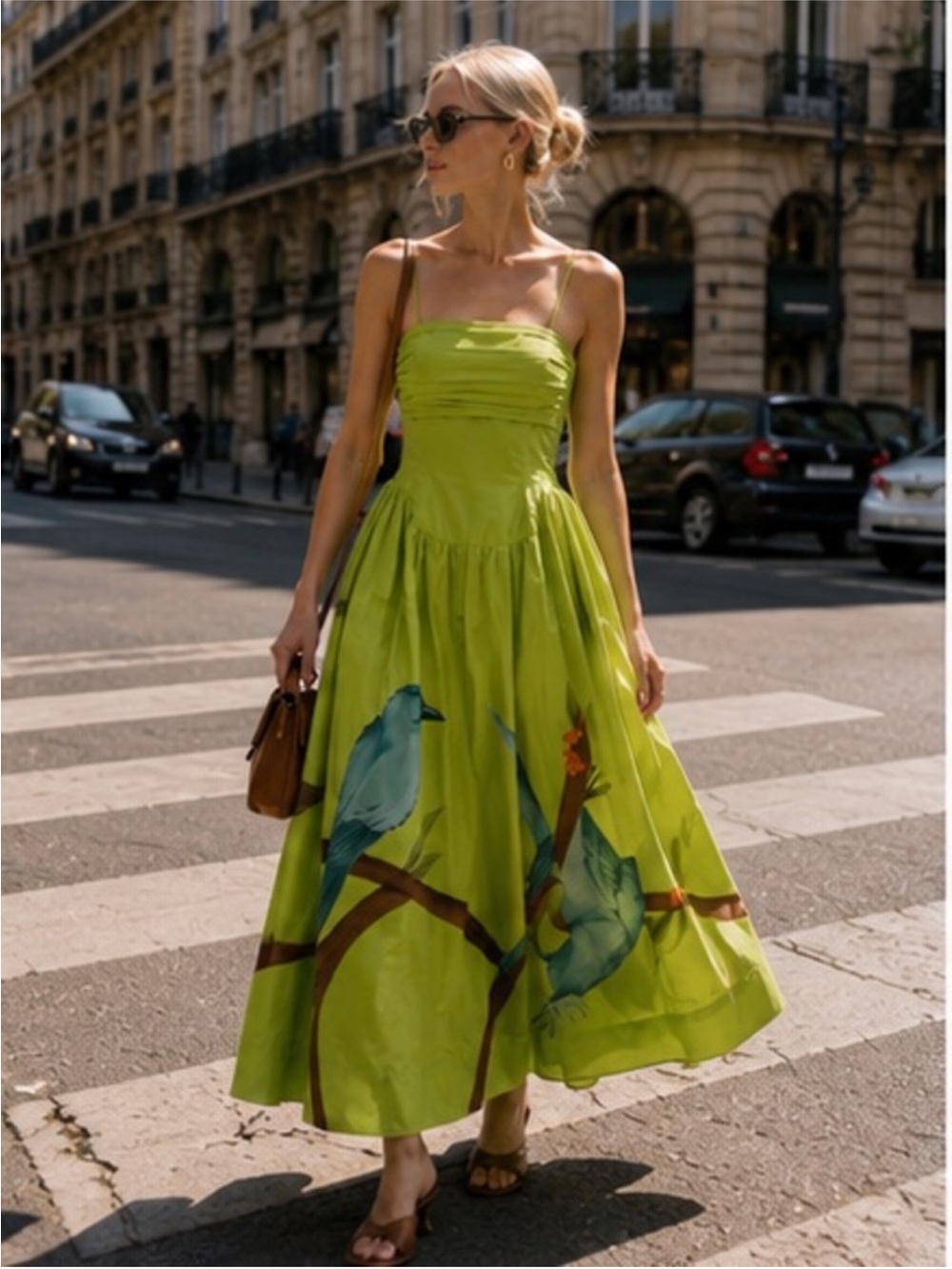 FARM Rio Lime Green Spaghetti Strap Maxi Dress with Blue Bird Print L NWT - Picture 8 of 16